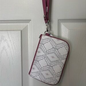 Thirty-One Pink and White Clutch Wristlet with Geometric Pattern
